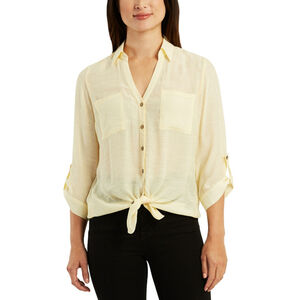 BCX Juniors' Size XS Yellow V-Neck Fold-Collar 3/4-Sleeve Utility Shirt NWT